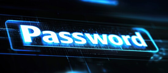 Glowing Neon Blue "Password" Text on a Dark Digital Grid Background