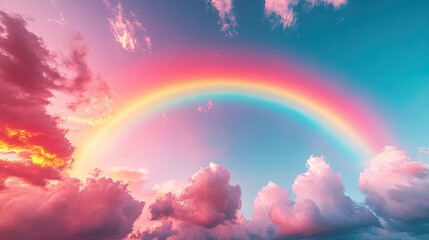 Vibrant Double Rainbow Over Colorful Pink and Blue Sunset Sky with Fluffy Clouds