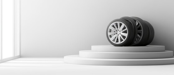 Three Car Tires and Silver Rims Displayed on Tiered White Pedestal in Bright Showroom
