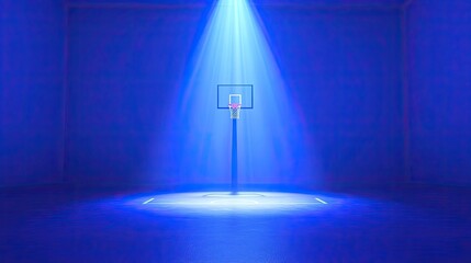 Dramatic Blue Spotlight on Empty Basketball Court and Hoop in Dark Arena