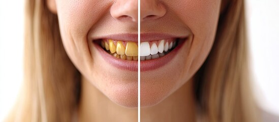 Close-up of Woman's Smile with Yellow and White Teeth Before and After Whitening