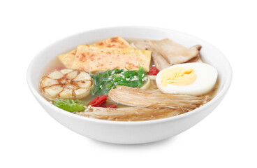 Tasty ramen with enoki and king oyster (eryngii) mushrooms isolated on white