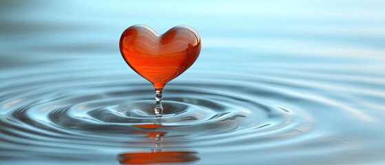 Vibrant Red Liquid Heart Droplet Creating Ripples in Serene Blue Water