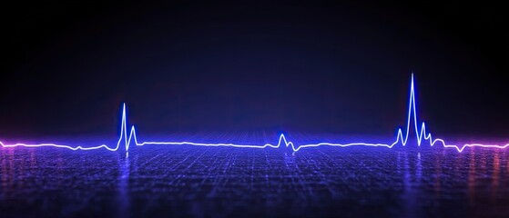 Vivid Neon Heartbeat EKG Line Pulsating on a Dark, Reflective Digital Grid