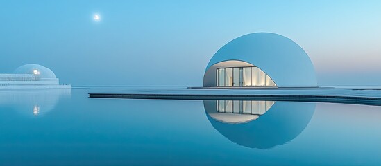 Serene Blue Hour: Modern Dome Architecture Reflected in Calm Water Under a Faint Moon