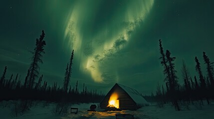 Cozy Winter Log Cabin Bathed in Warm Light Under Stunning Green Northern Lights in Snowy Forest