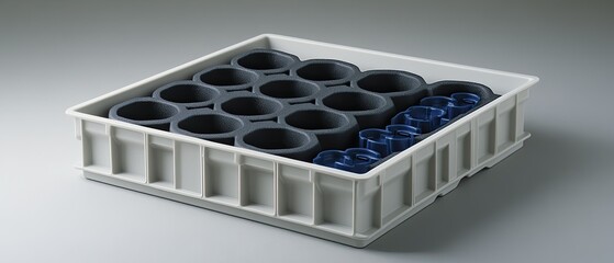 Precision-Engineered Plastic Storage Tray with Custom Foam Inserts, Gray and Blue Components