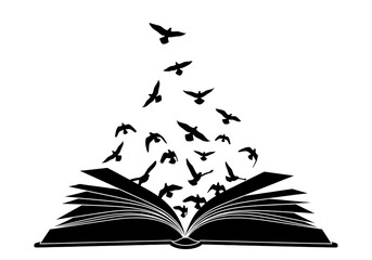 An open book releases a flock of birds symbolizing freedom, imagination, and the power of knowledge and stories to inspire and uplift the spirit