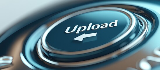 Modern Blue Metallic Upload Button with Arrow Symbol, Dynamic Close-Up on a Digital Interface
