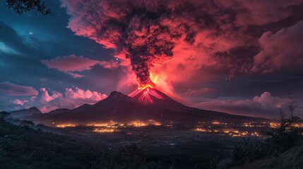 Fototapeta premium Nighttime volcano eruption, lava bursting into air, dramatic red glow lighting up clouds