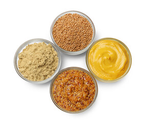 Different types of mustard isolated on white, top view