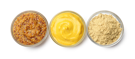 Different types of mustard isolated on white, top view