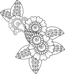 Intricate flower coloring page with swirling petals and leaves for relaxing art fun white background
