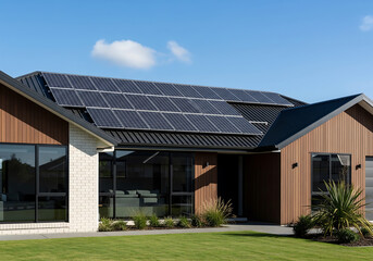 Modern residential home with solar panels on the roof, showcasing renewable energy solutions and sustainable living in a contemporary architectural style