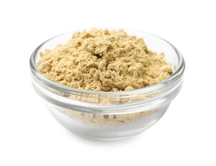 Dry powdered mustard in glass bowl isolated on white