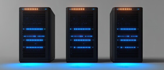 Symmetrical Trio of Server Racks Glowing with Luminous Blue and Amber Lights