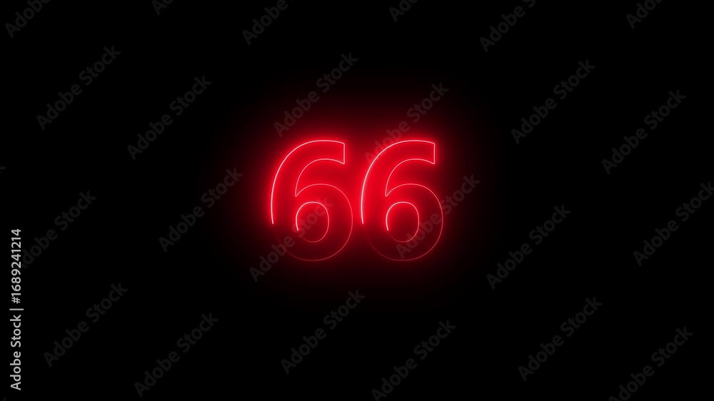 Poster glowing red neon number 66 centered on a black background sixty six numeral