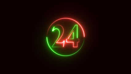 Neon text 24 number countdown icon on black background, 4k animation.