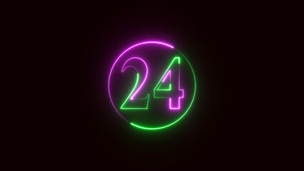 Neon text 24 number countdown icon on black background, 4k animation.