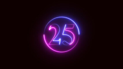 Neon text 25 number countdown icon on black background, 4k animation.
