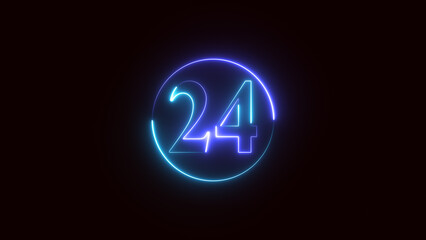 Neon text 24 number countdown icon on black background, 4k animation.