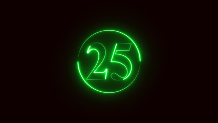 neon text number 25 countdown icon. Glowing neon sign number 25 on black background with alpha channel