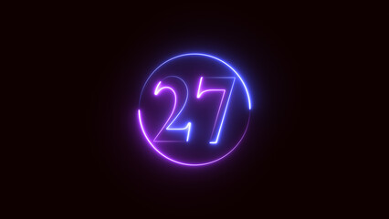 neon text number 27 countdown icon. Glowing neon sign number 27 on black background with alpha channel