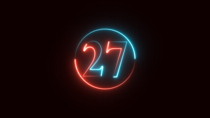 neon text number 27 countdown icon. Glowing neon sign number 27 on black background with alpha channel