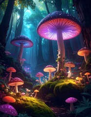 Magical glowing mushrooms in a vibrant forest