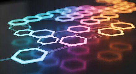 A vibrant network of interconnected, glowing hexagons in a colorful gradient on a dark, reflective surface.