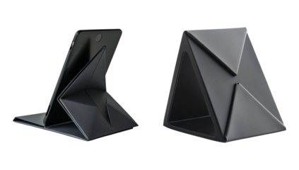 Two abstract black geometric sculptures on a black background