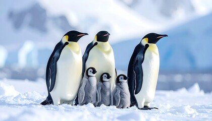 Fototapeta premium Emperor penguin family stands together on the antarctic ice, protecting their fluffy chicks from the cold in a heartwarming scene.