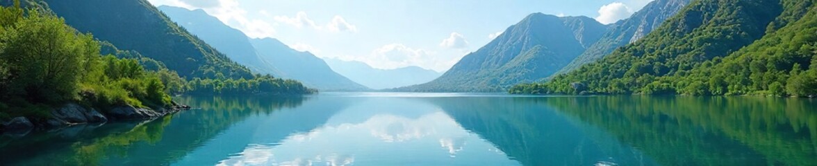 Fototapeta premium Serene landscape featuring a tranquil lake reflecting the surrounding mountains and lush greenery under a clear sky Perfect for nature, travel, and environmental themes , calm, wilderness