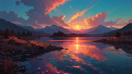 An oil painting depicting a sunrise over a calm lake, with the water reflecting the warm colors of the sky. Generative AI