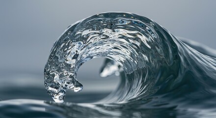 A translucent wave crests its clear water reflecting light creating a dynamic and intricate play of patterns against a muted light gray background