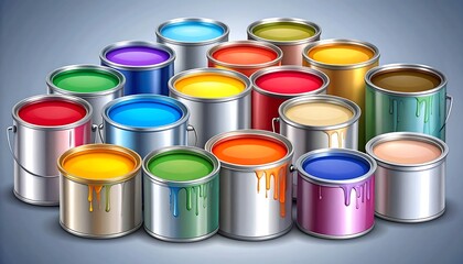 Colorful paint cans arranged