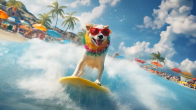 Happy dog with sunglasses surfing on wave.