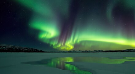 Fototapeta premium Aurora borealis over snowy landscape with mountains in the distance and open water reflecting the lights