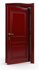 Fototapeta premium Classic Mahogany-Finish Door with Ornate Frame and Gold Handle, Ajar on White