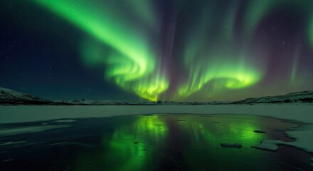 Aurora borealis reflected in a frozen expanse beneath starry sky and snowcovered peaks