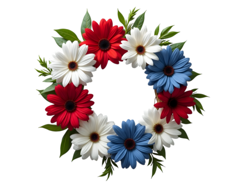 Festive flower wreath isolated on transparent background with patriotic colors - Powered by Adobe