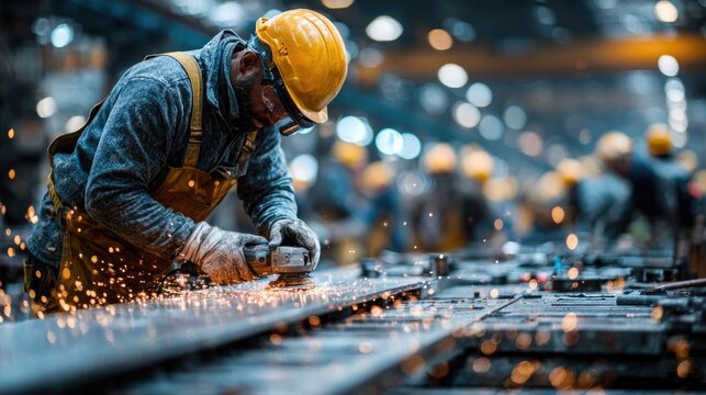 Factory worker wearing helmet using grinder with sparks