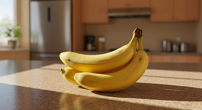 A realistic bunch of bananas on a kitchen counter with shallow depth of field.