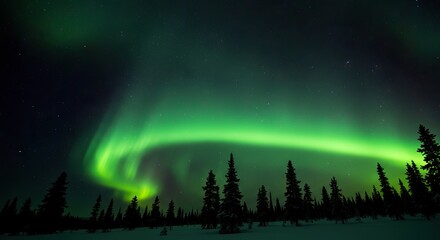 Green aurora borealis streaks across a night sky filled with stars above a line of dark silhouetted evergreen trees over a snowy field