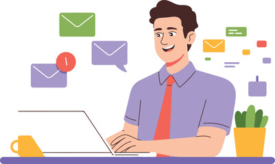 Man working on laptop with email notifications