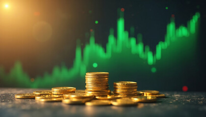 Gold coins in front of financial graph
