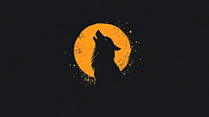 Fototapeta premium Silhouette of Howling Wolf Against Orange Moon, Minimalist Design, Dark Background.