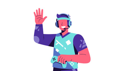 Young man with headset and controller waving hello.