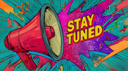 Stay Tuned Comic loudspeaker business megaphone announcement, advertisement with sunburst speech bubble design. Red megaphone with loudspeaker. Megaphone on red background