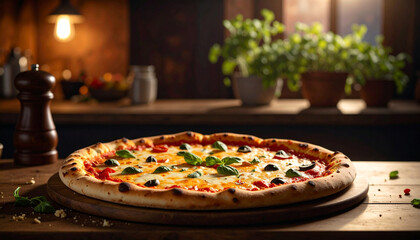 Delicious homemade Italian pizza with fresh basil and olives resting on a rustic wooden kitchen counter